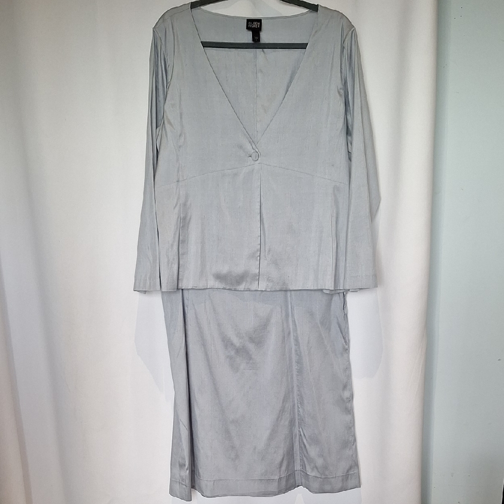 Eileen Fisher 100% Silk  Elegant Gray Two-Piece Skirt Suit Size L